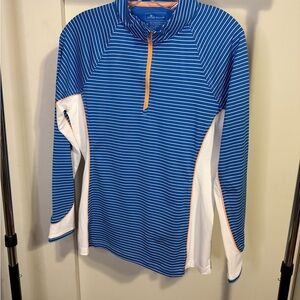 Peter Millar Women’s Blue and White Striped Sun Comfort Pullover with Orange NWT